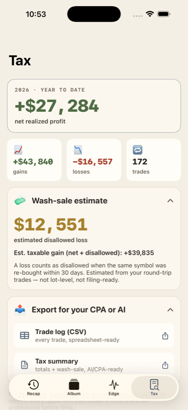 Tax tab — realized P&L, wash-sale estimate, CSV export